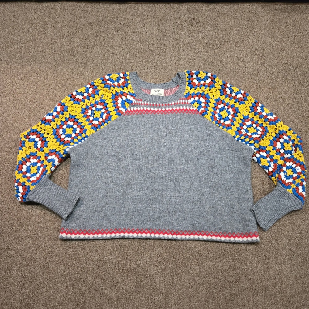 Panache Sweater Womens Small Gray‎ Crochet Granny Square Raglan Knit Pullover